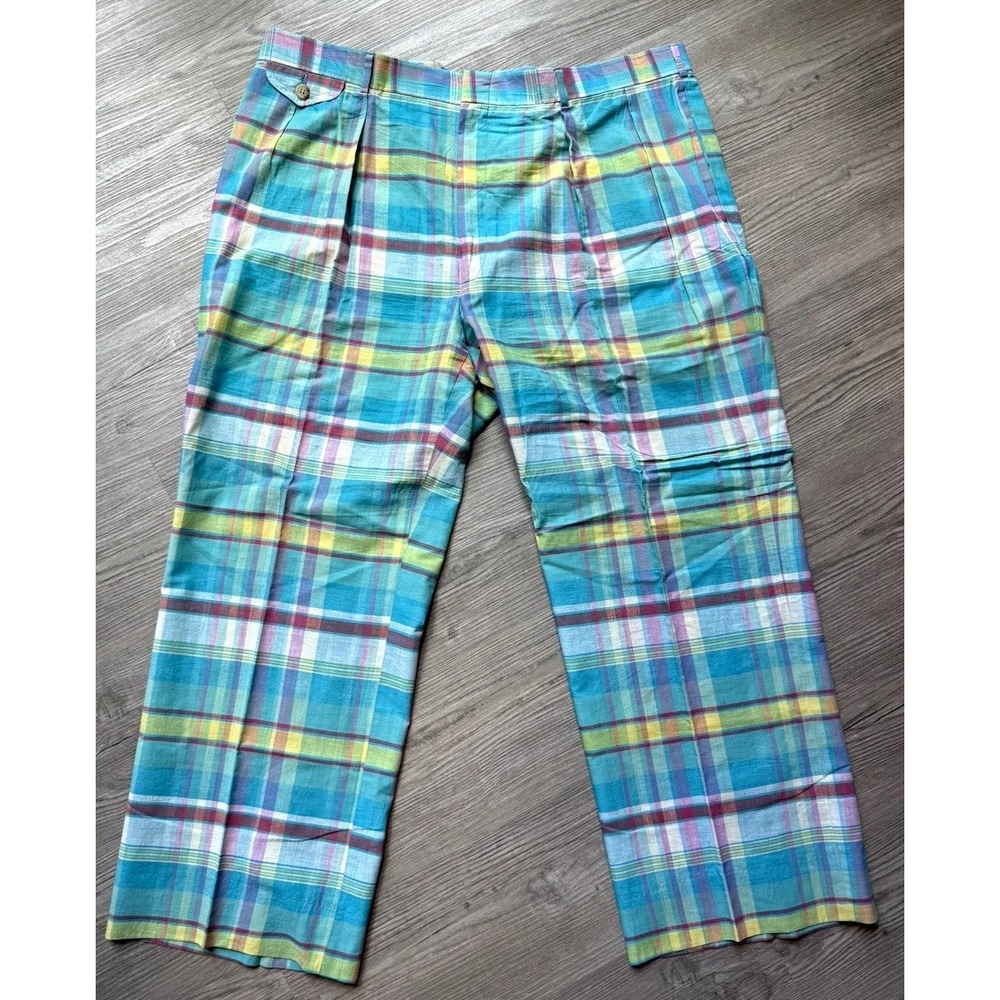 Vintage Polo Ralph Lauren Madras Plaid Pant Mens 40x27+ 2" hem Linen Preppy Golf